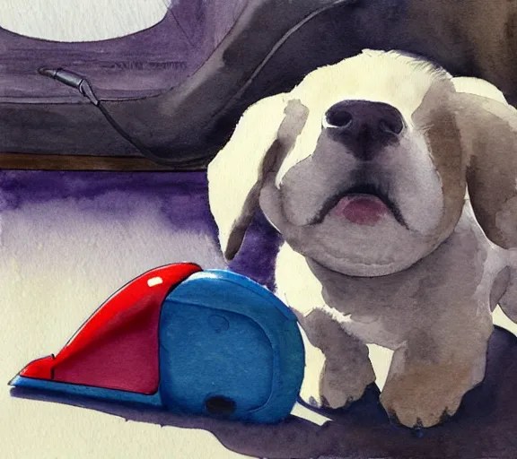 A puppy barking at a vacuum cleaner, watercolor Stable Diffusion