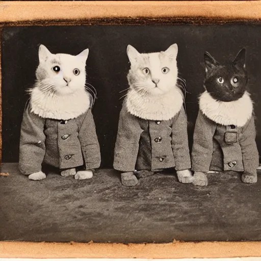 daguerreotype of 3 cats in a trench coat Stable Diffusion