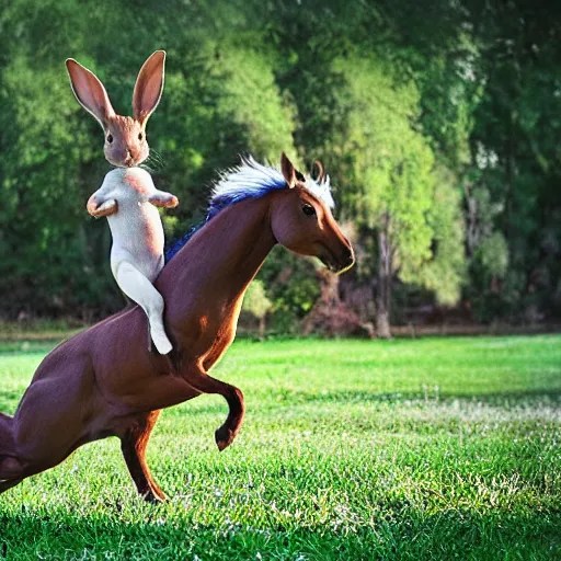 rabbit riding horse, realistic photography Stable Diffusion