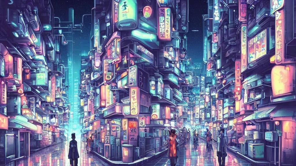 street view of futuristic robot tokyo city at night by Stable Diffusion