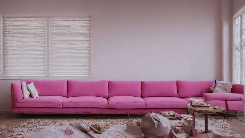 pizza party on vintage pink velour sofa, group, medium Stable