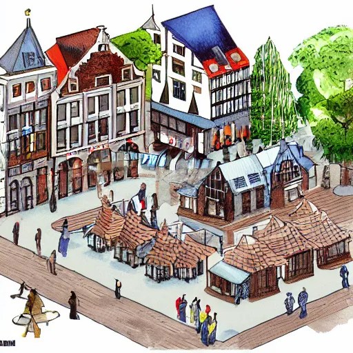 The town square of a typical Dutch town. Isometric Stable Diffusion