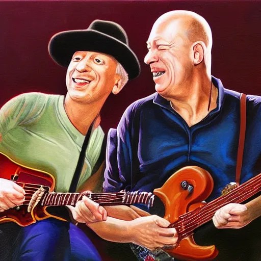 portrait of mark knopfler with david gilmour, joyful, Stable