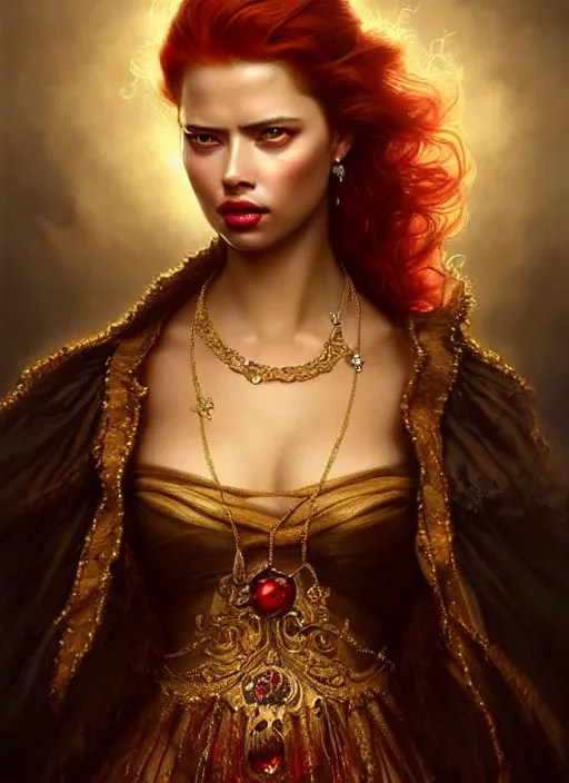a beautiful woman with baroque dress, red hair, gold Stable Diffusion