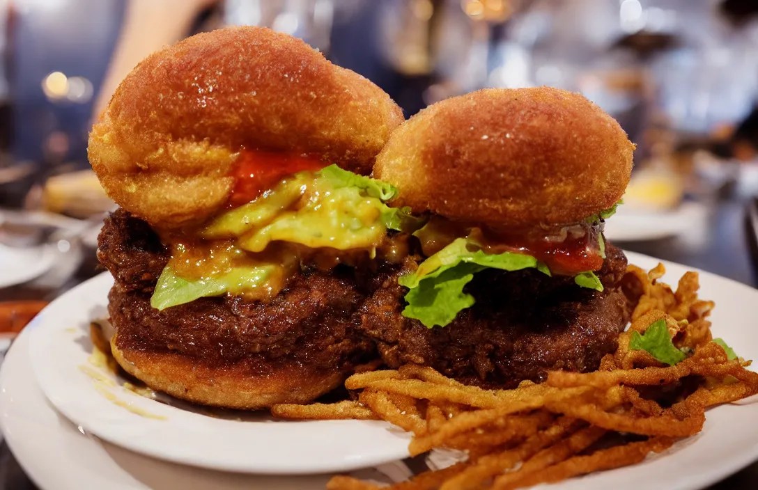 deep fried Hamburger, food photography, award winning, Stable