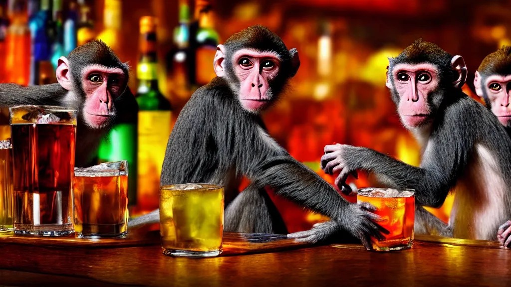 monkeys drinking alcohol, inside a bar, vibrant Stable Diffusion