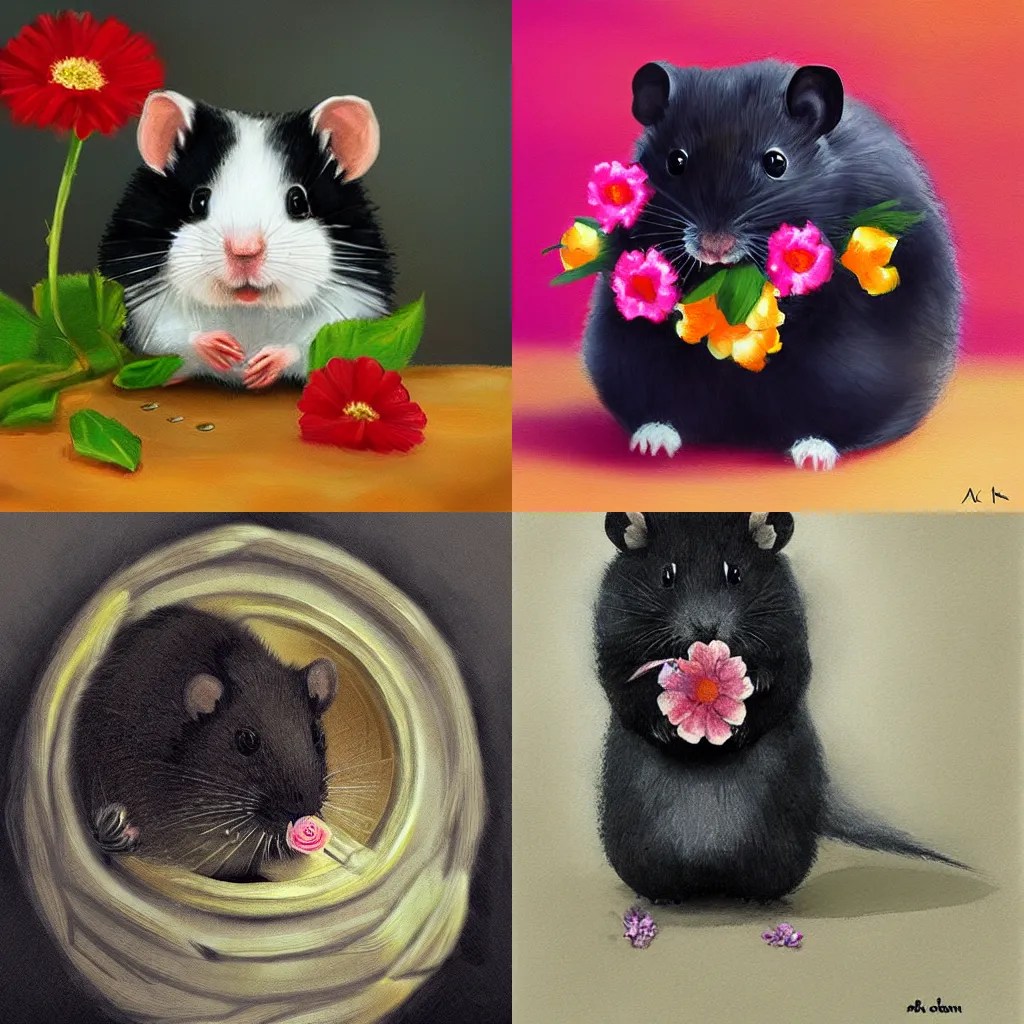a black Syrian Hamster eating flowers, artstation, Stable Diffusion