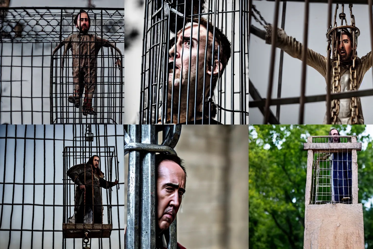 Nicholas Cage imprisoned in a medieval gibbet Stable Diffusion
