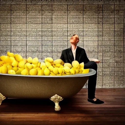 a man in a bathtub bathing in lemons, Realism, HDR, Stable Diffusion