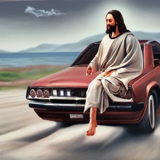 hyperrealism painting of jesus driving a car Stable Diffusion