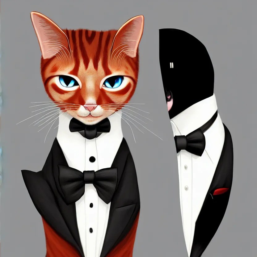 slim cruel business humanoid ginger cat in tuxedo with Stable