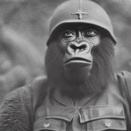 a Gorilla soldier, ww2, war photo, film grain. Stable Diffusion OpenArt
