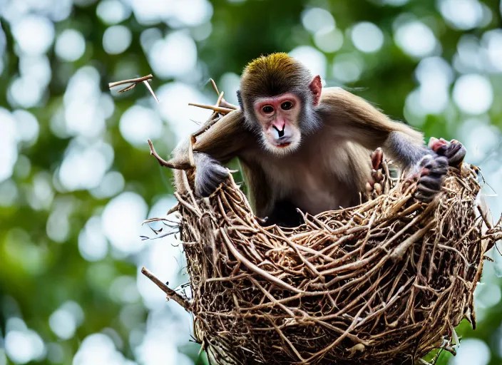 photo still of a monkey throwing bananas into a birds Stable