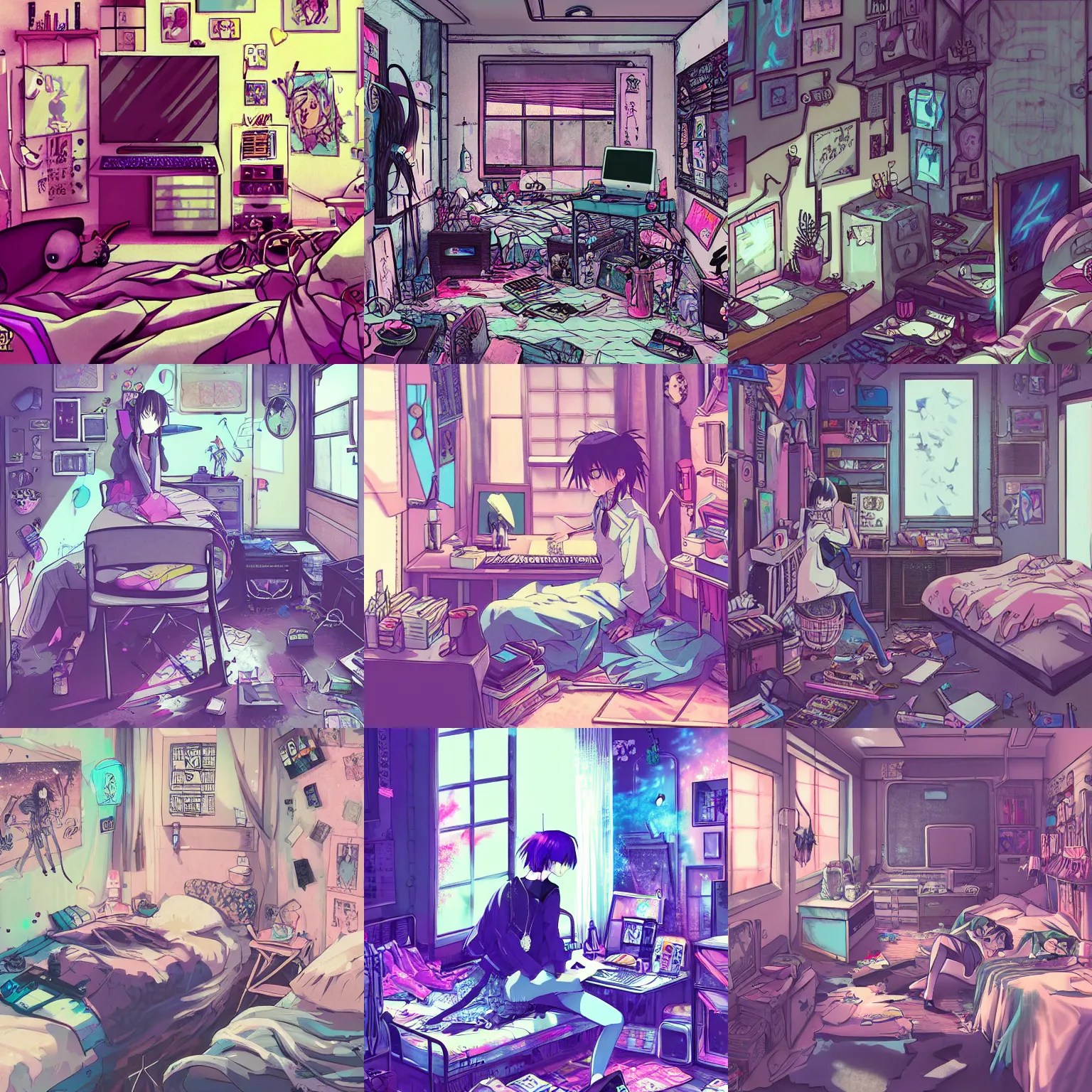digital art pastel goth aesthetic, messy room, high Stable Diffusion