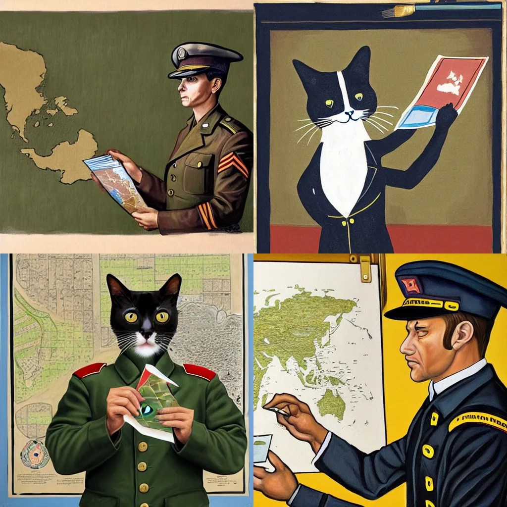 painting of a cat in military uniform pointing at a Stable Diffusion