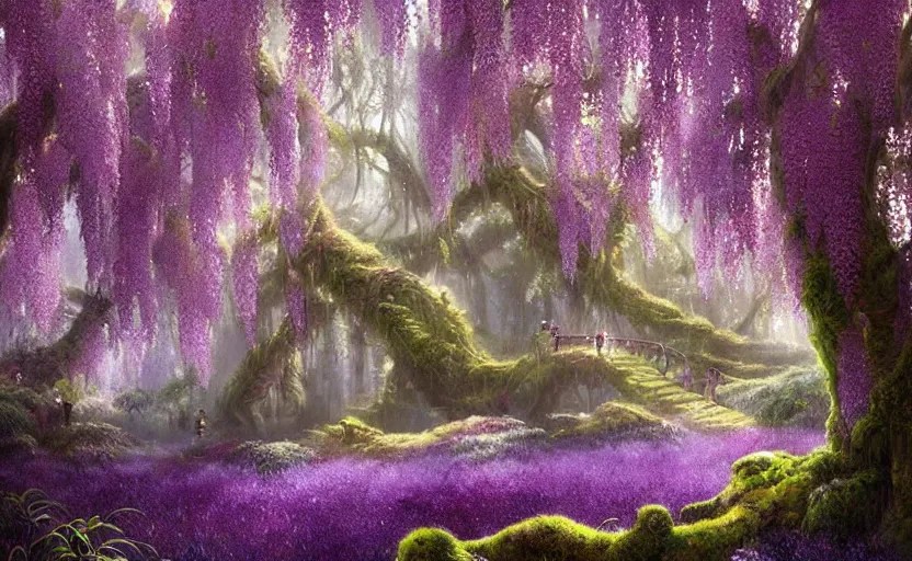 a dense forest of willow trees and colorful purple and Stable Diffusion