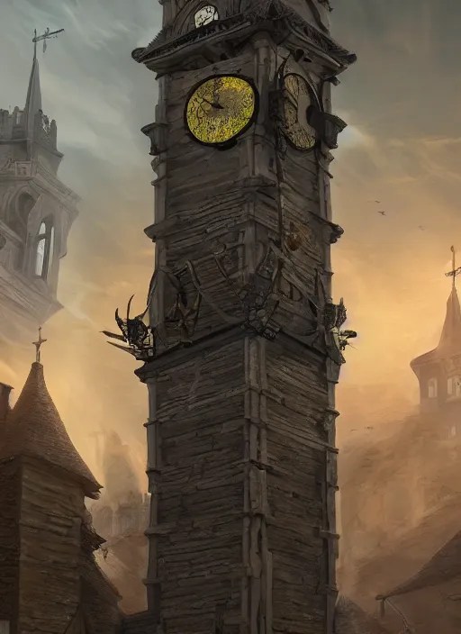 tall stone clock tower flying above a medieval town, Stable Diffusion