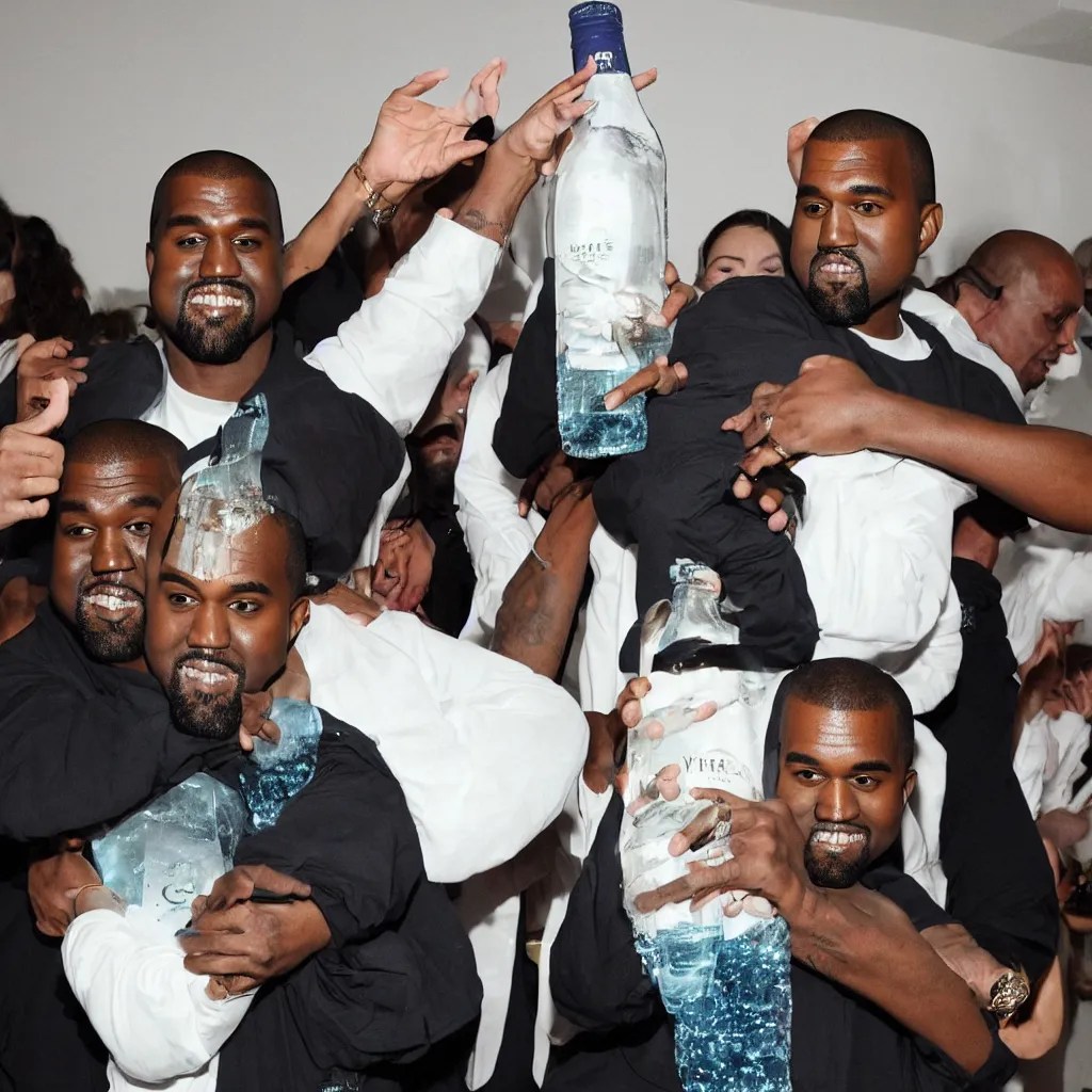 kanye west hugging a giant bottle of sparkling water Stable Diffusion