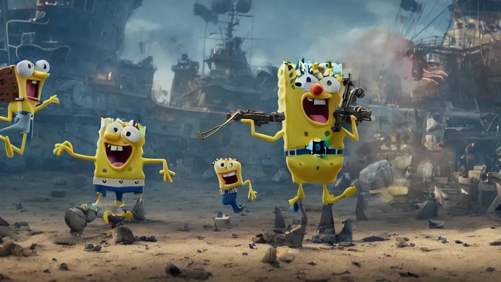 spongebob squarepants as a navy seal, in a gun fight Stable Diffusion