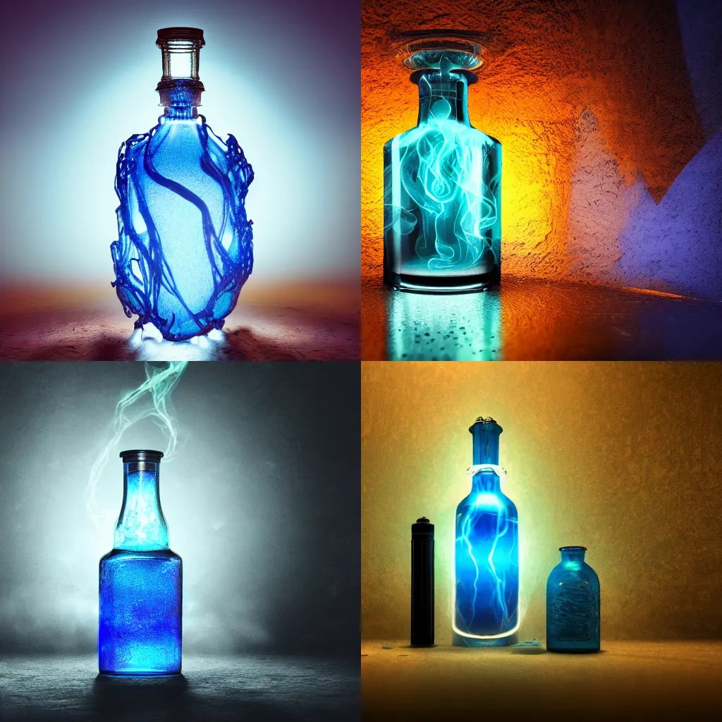 spirit potion containing swirling glowing blue liquid, Stable