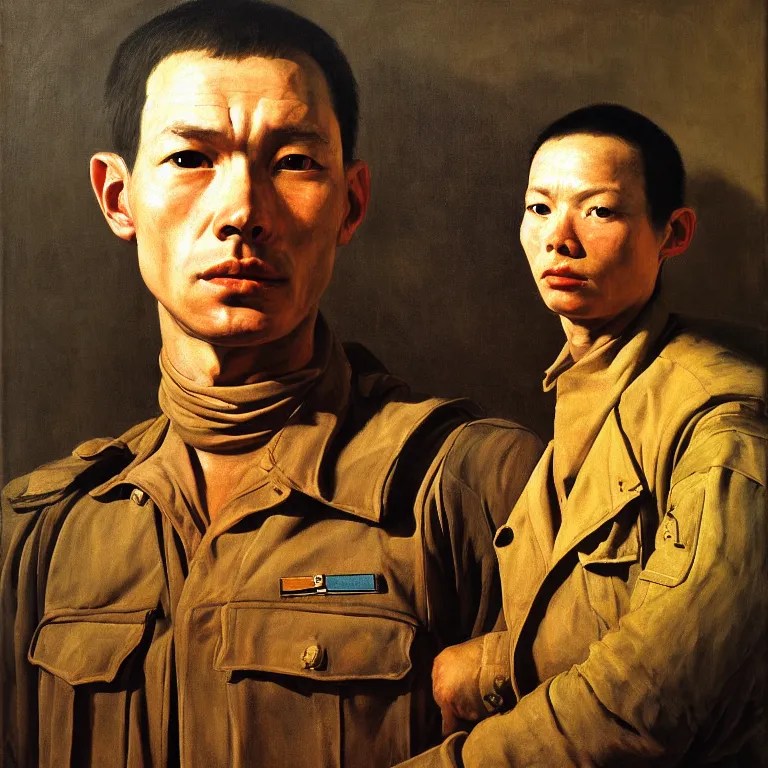 portrait of a vietnam war soldier, majestic, posing in Stable