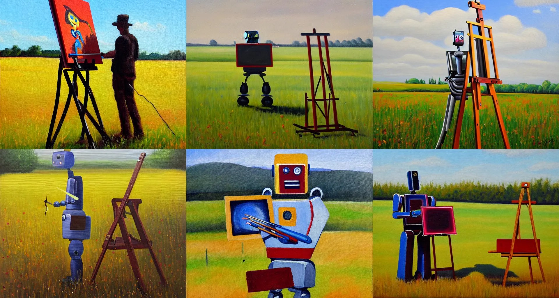 a painting of a robot painter by his easel in a field, Stable