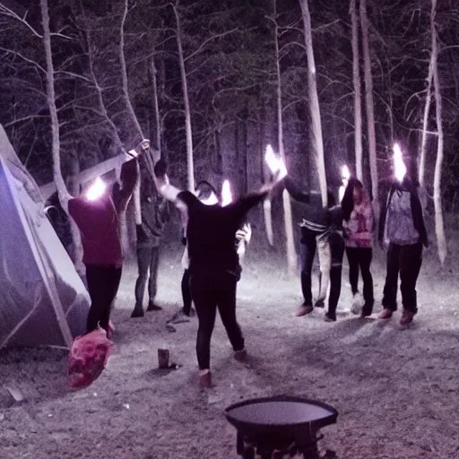 a bunch of people throwing a party in the woods, night Stable