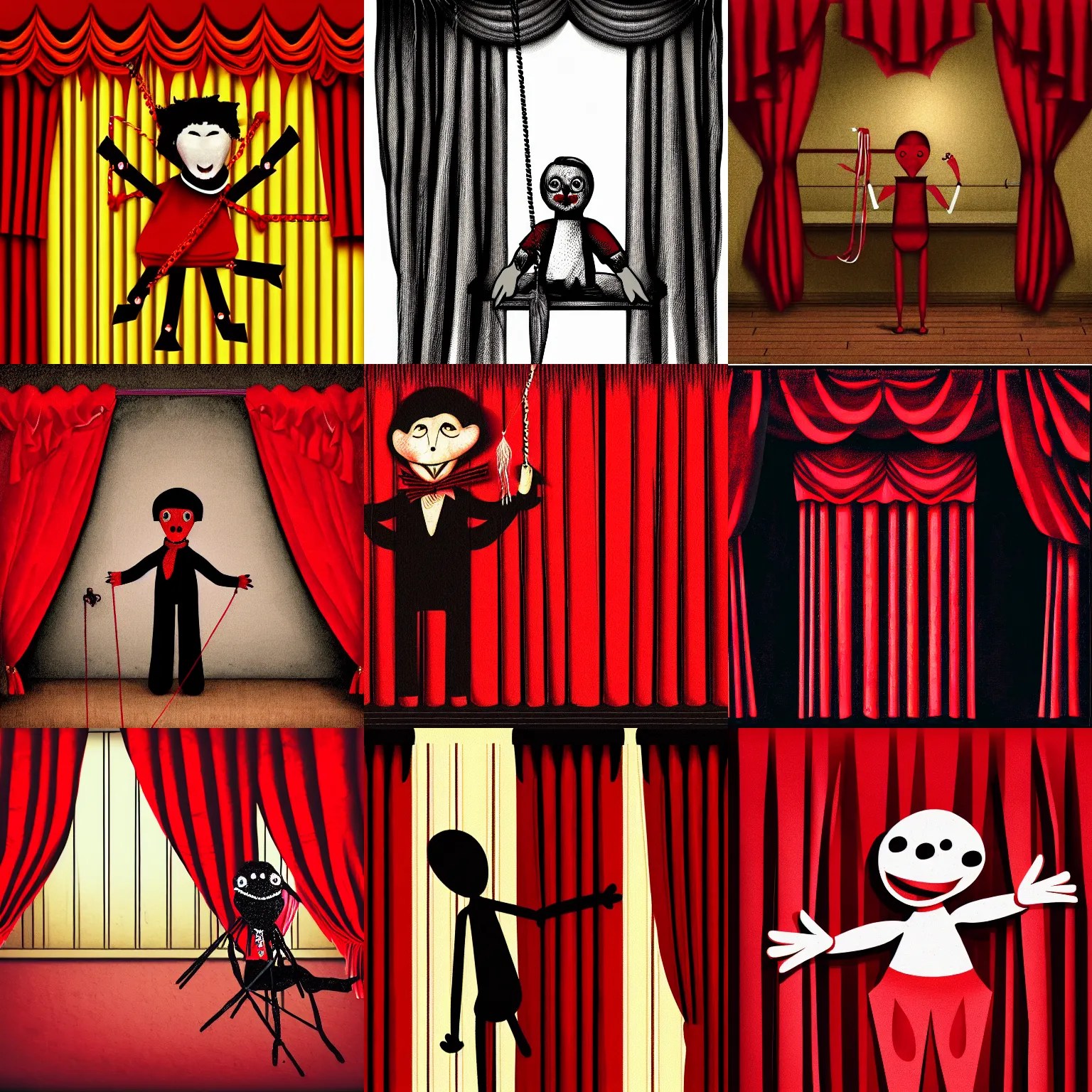 Illustration of a puppet on strings, red curtains, Stable Diffusion