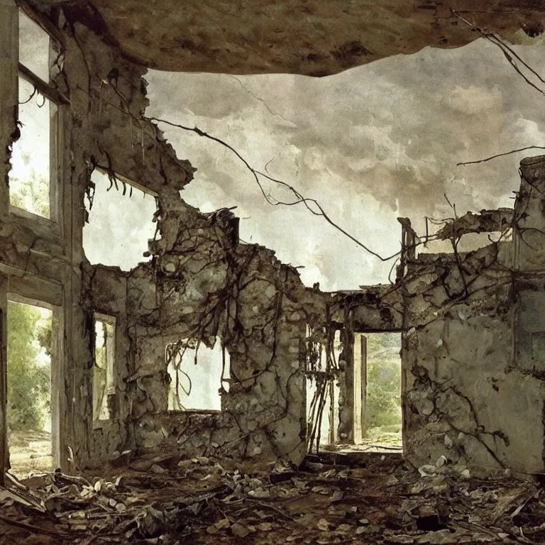 Derelict, ruined house, with crumbled walls, rust, old Stable Diffusion