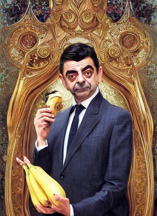 Rowan Atkinson as cross eyed Mister Bean holding a Stable Diffusion