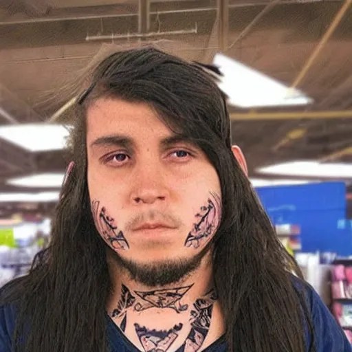 long haired man with face tattoos working at walmart Stable Diffusion