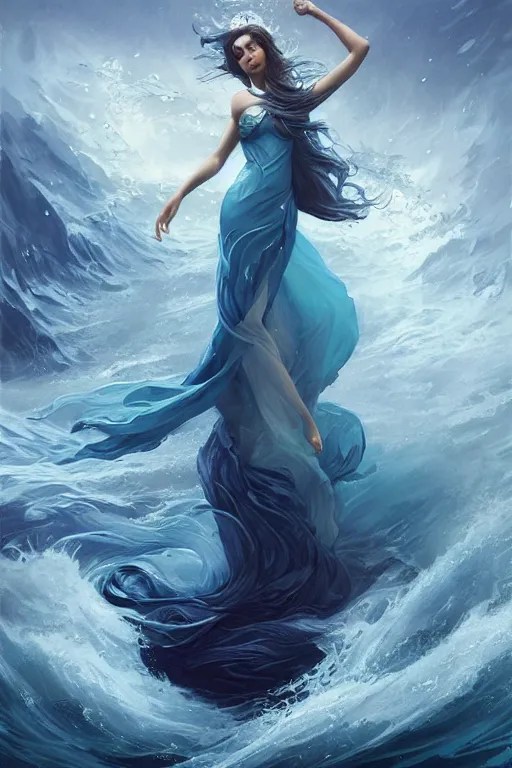 beautiful powerful water goddess clothed in a flowing Stable Diffusion