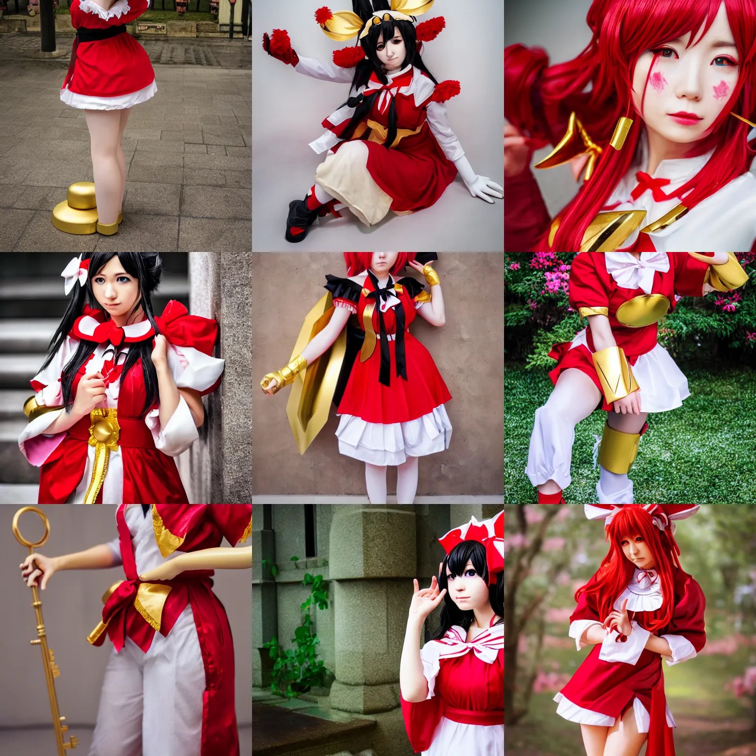 a professional cosplay of reimu hakurei, marble, gold, Stable