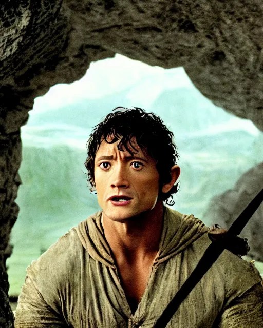 film still close up shot of dwayne johnson as frodo Stable Diffusion