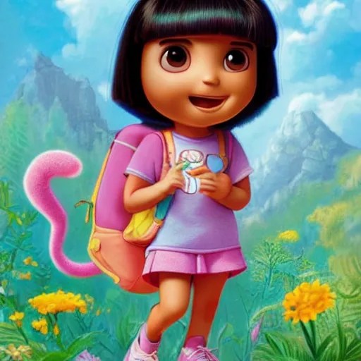 dora the explorer as real girl in happy pose, Stable Diffusion