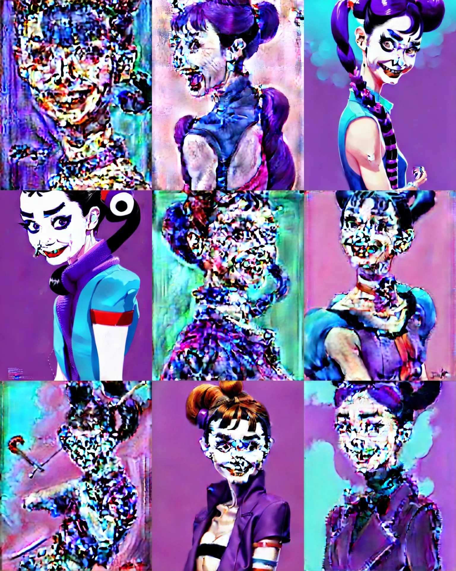 audrey hepburn as crazy laugh harley quinn, two long Stable Diffusion