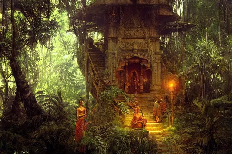 An indian temple in a jungle, moody scene, highly Stable Diffusion