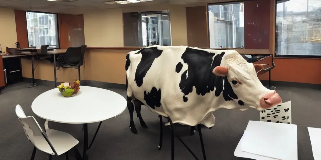 a cow wearing a suit in an office having lunch Stable Diffusion OpenArt