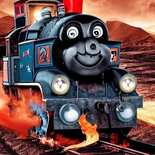 evil chthonic Thomas the Tank Engine in the fiery | Stable Diffusion