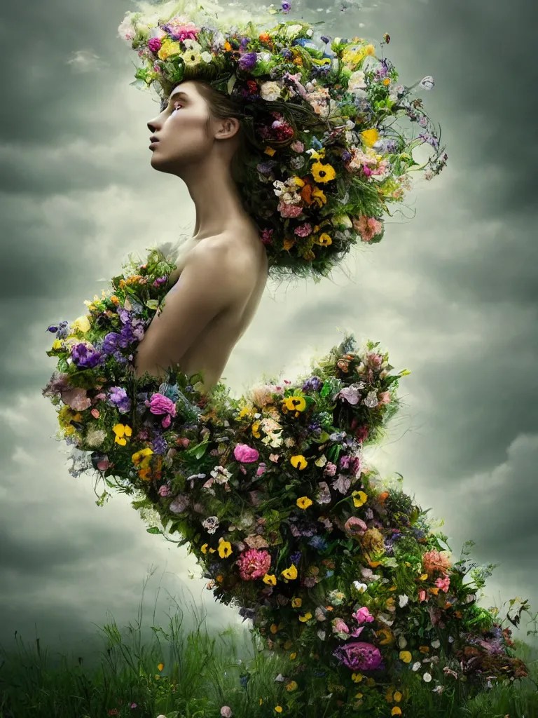dress made of flowers, flower hair woman, solemn, Stable Diffusion