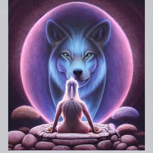 an anthromorphic wolf meditating in a zen garden with Stable Diffusion