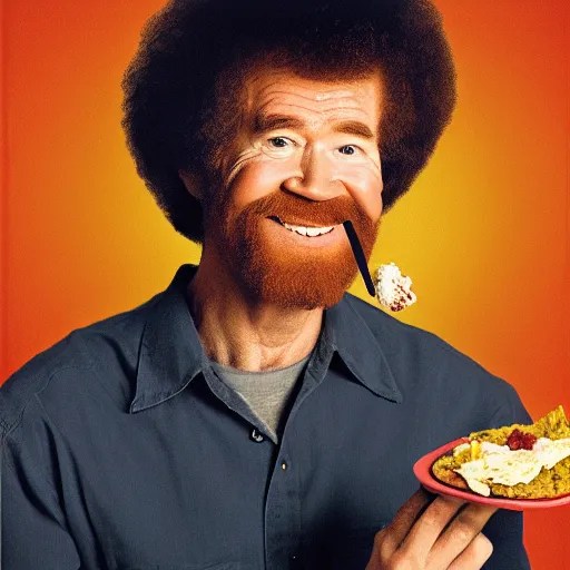 bob ross painting bob ross eating a slice of pizza in Stable