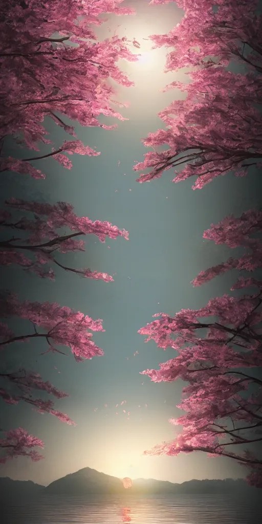 a single sakura tree growing upon an island in a lake, Stable