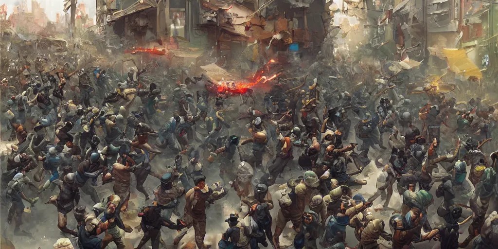 street art mural of a antiriot police fighting crowd Stable Diffusion