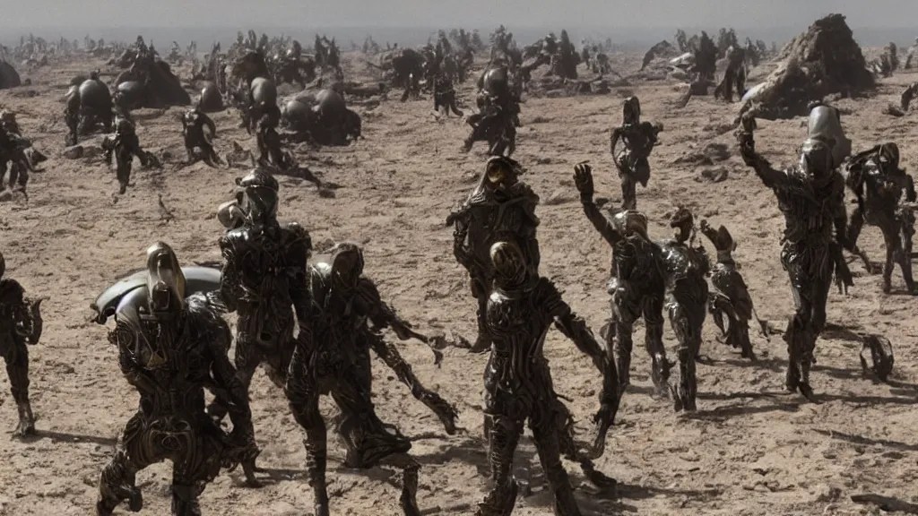 aliens arriving dune, film still from the movie Stable Diffusion