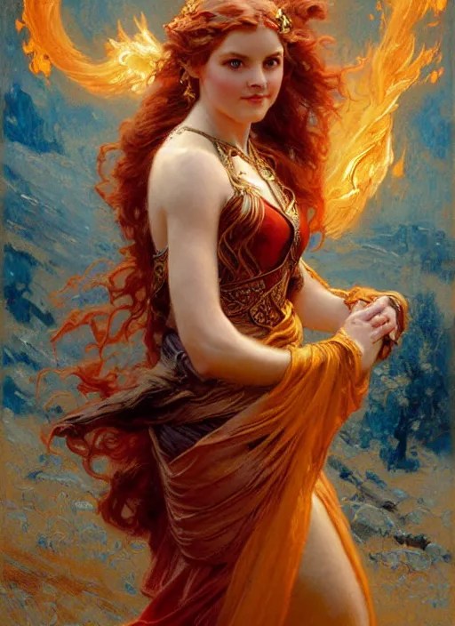 young celtic woman, goddess of fire, flowing gown, Stable Diffusion