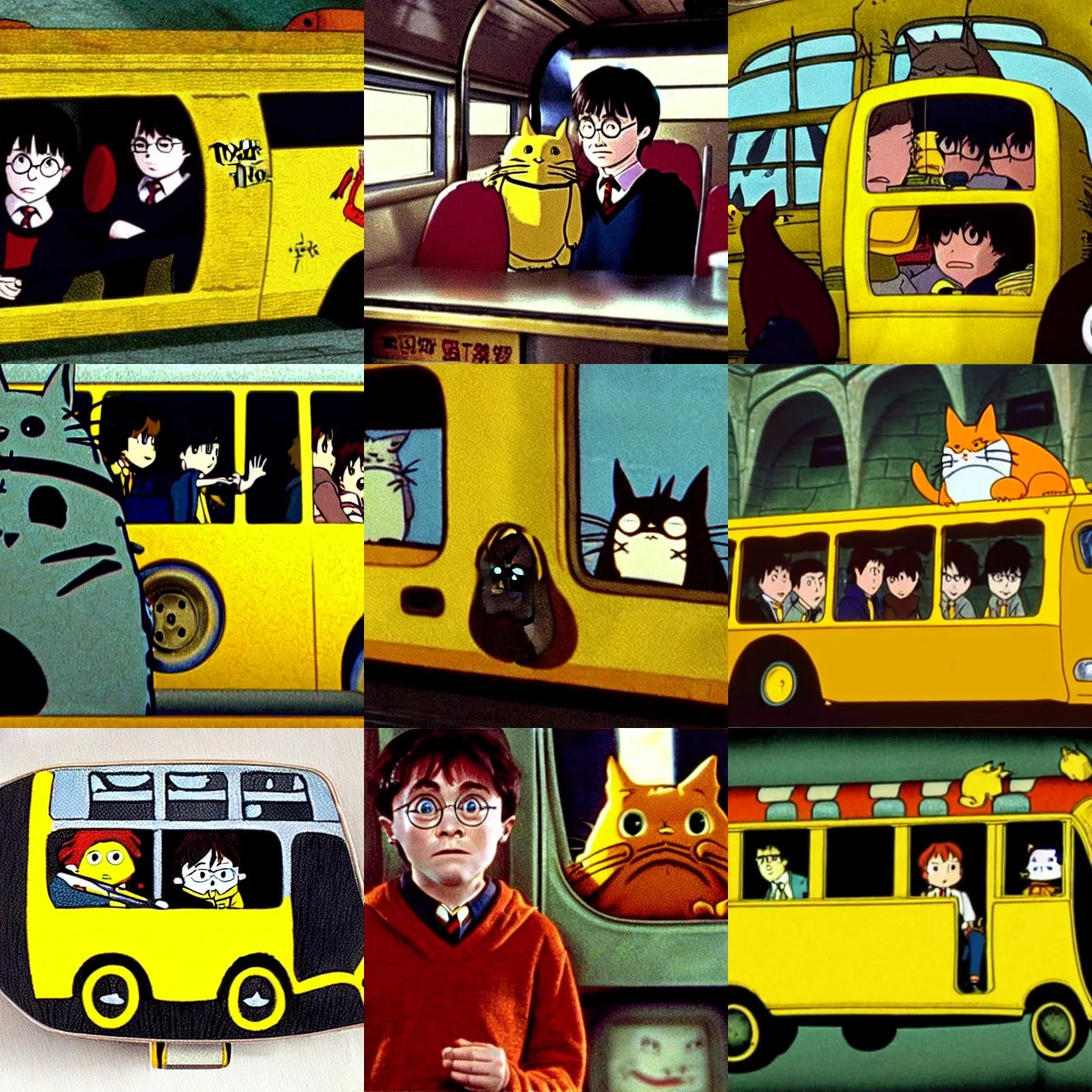 movie still harry potter inside yellow cat bus from Stable Diffusion