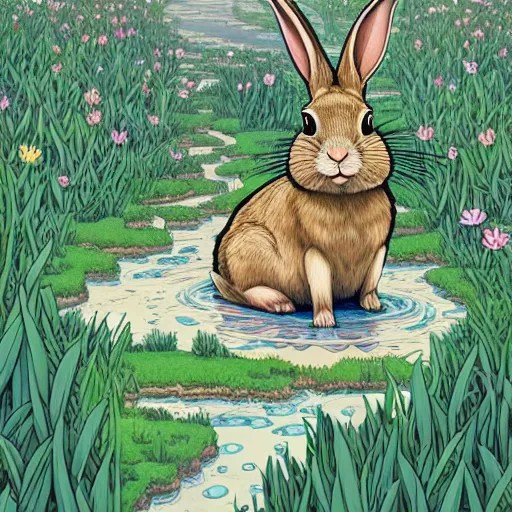 rabbit burrow beside a flower lined river extremely Stable Diffusion