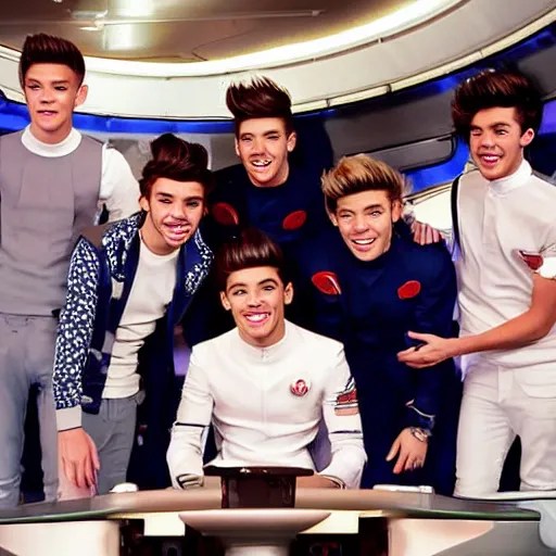 the cast of one direction manning the flight deck of Stable Diffusion