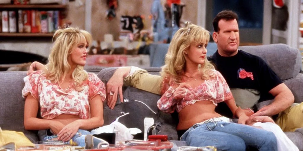 Kelly Bundy sitting next to Al Bundy on the couch, Stable Diffusion